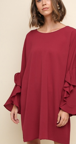 Burgundy Split Ruffle Bell Sleeve Dress - Picture 5 of 5